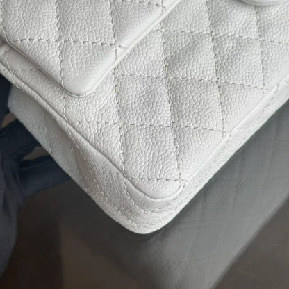 Caviar Double Flap 25CM Quilted Calfskin White SHW No 12
