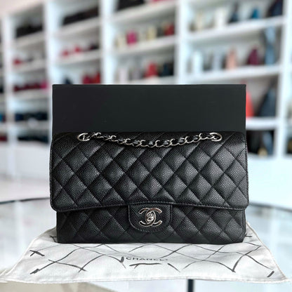 Caviar Double Flap Quilted Calfskin Black SHW No 13