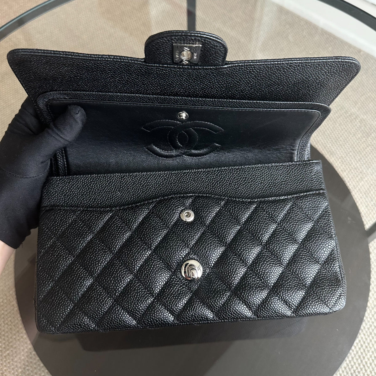 Caviar Double Flap Quilted Calfskin Black SHW No 13