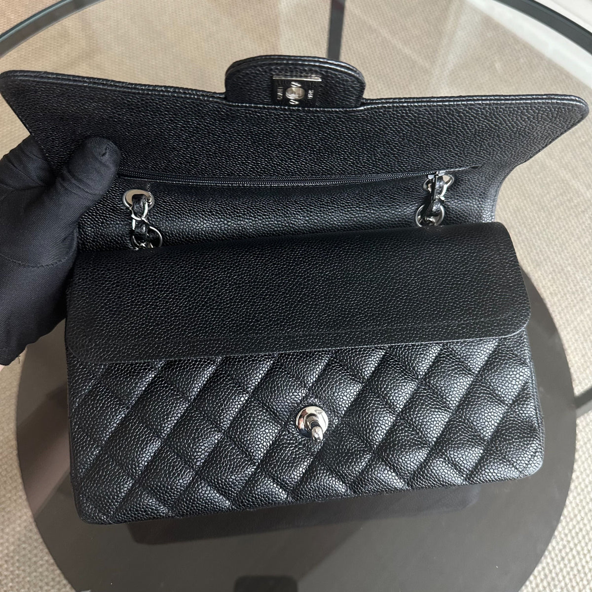 Caviar Double Flap Quilted Calfskin Black SHW No 13