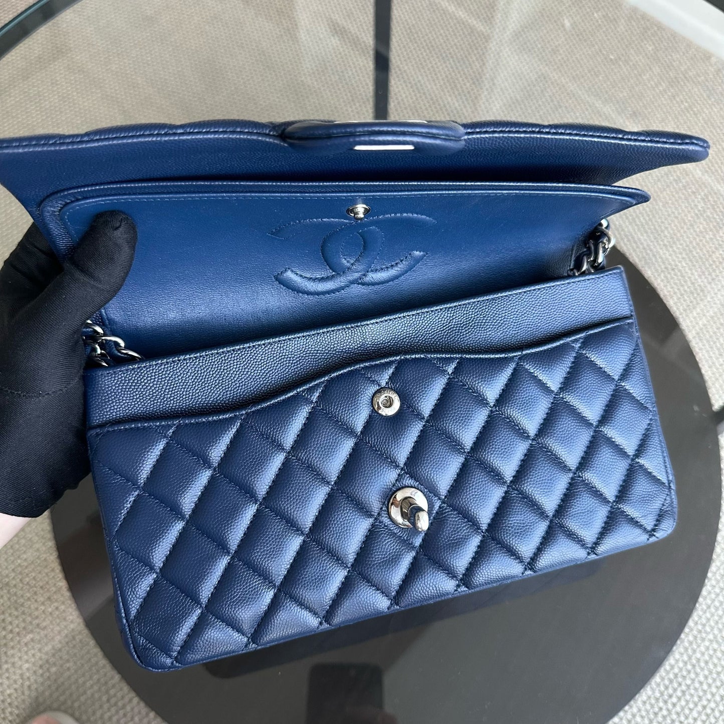 Caviar Double Flap Quilted Calfskin Dark Blue SHW No 24