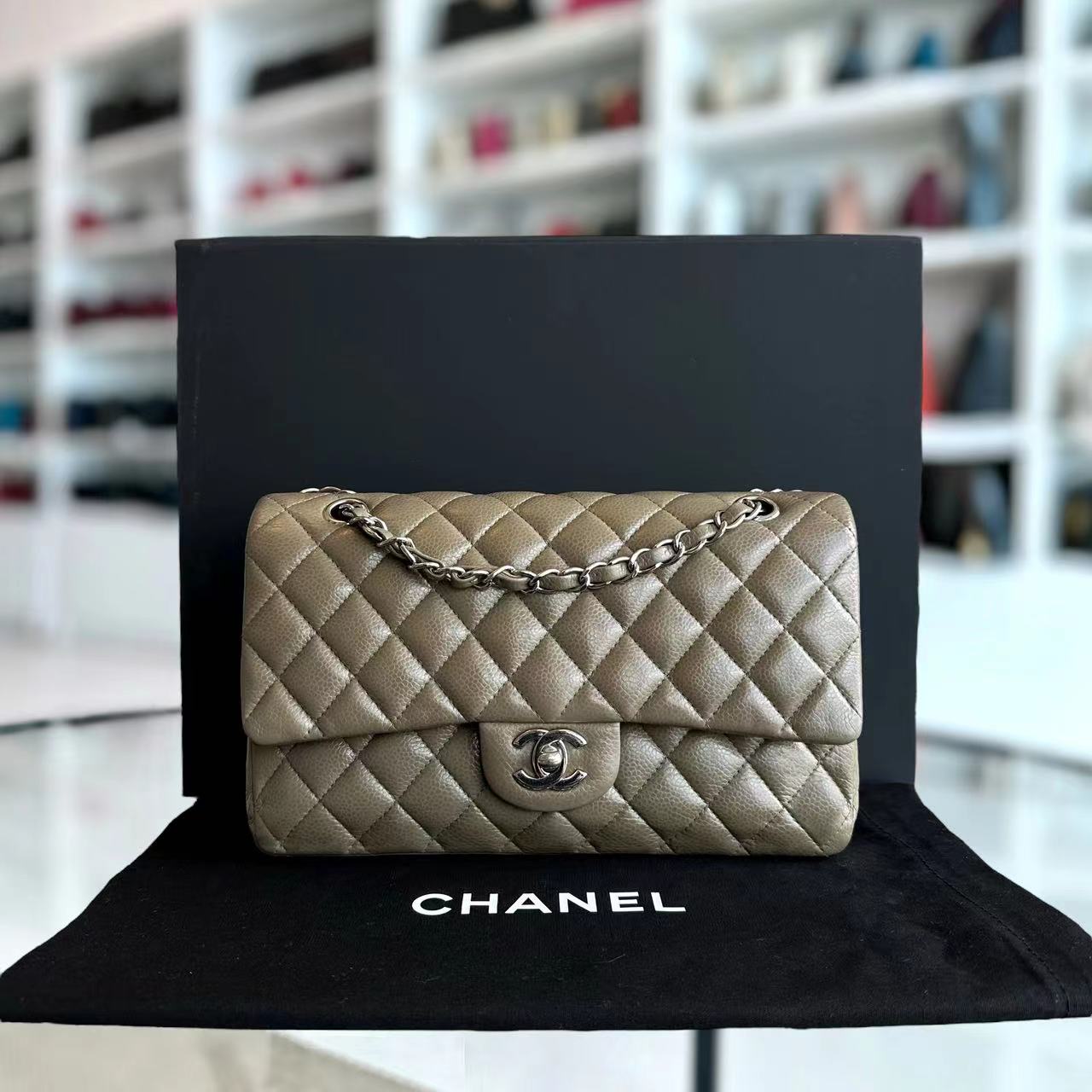 Caviar Double Flap Quilted Calfskin Taupe Green Brown SHW No 17