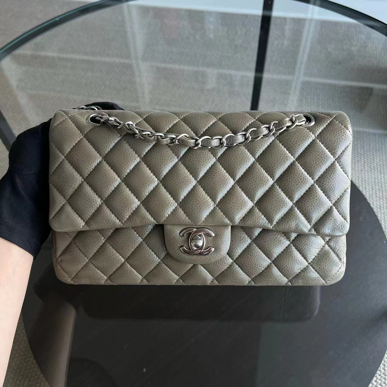 Caviar Double Flap Quilted Calfskin Taupe Green Brown SHW No 17