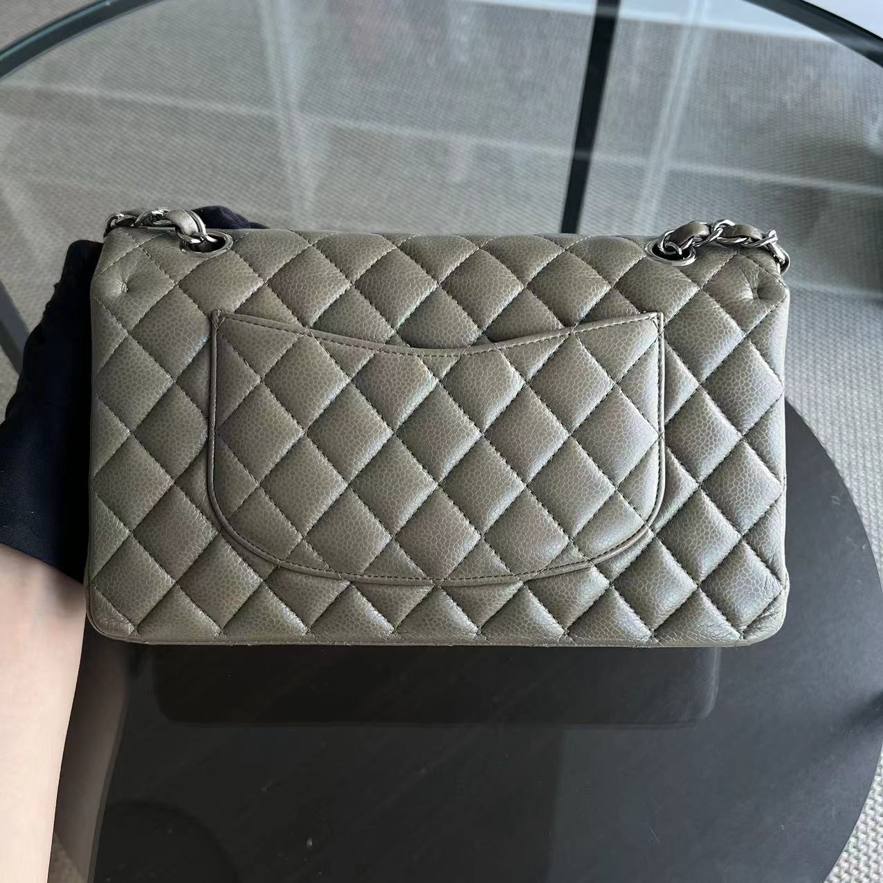 Caviar Double Flap Quilted Calfskin Taupe Green Brown SHW No 17