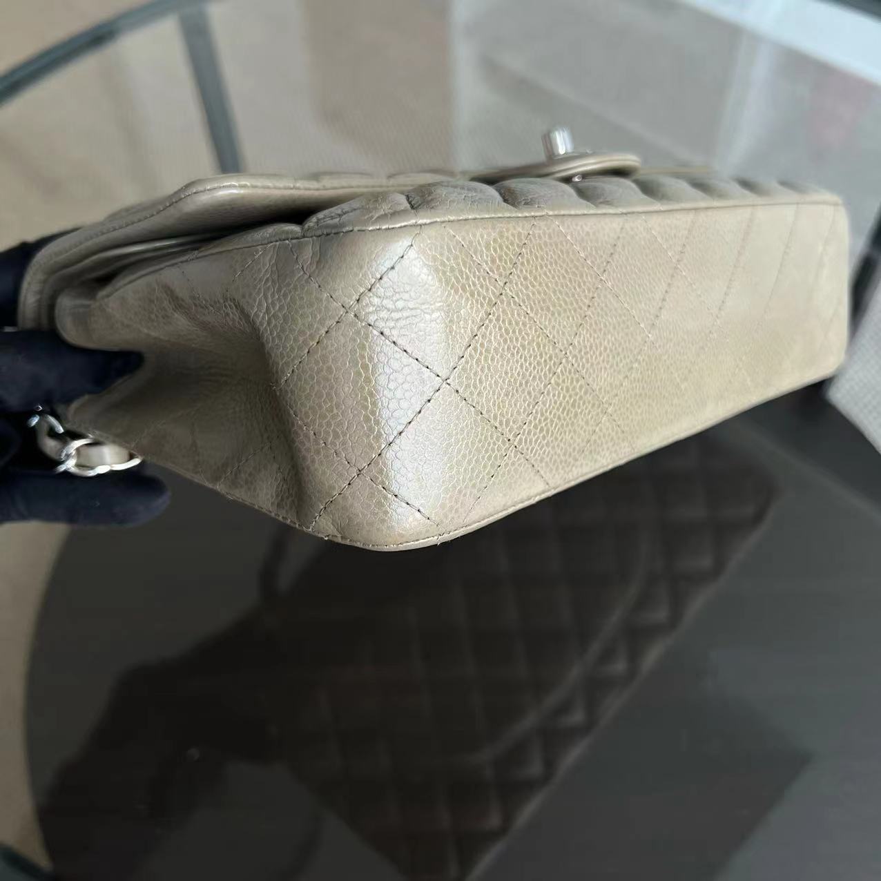 Caviar Double Flap Quilted Calfskin Taupe Green Brown SHW No 17