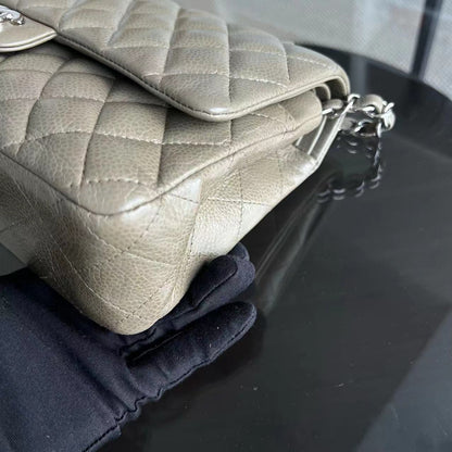 Caviar Double Flap Quilted Calfskin Taupe Green Brown SHW No 17