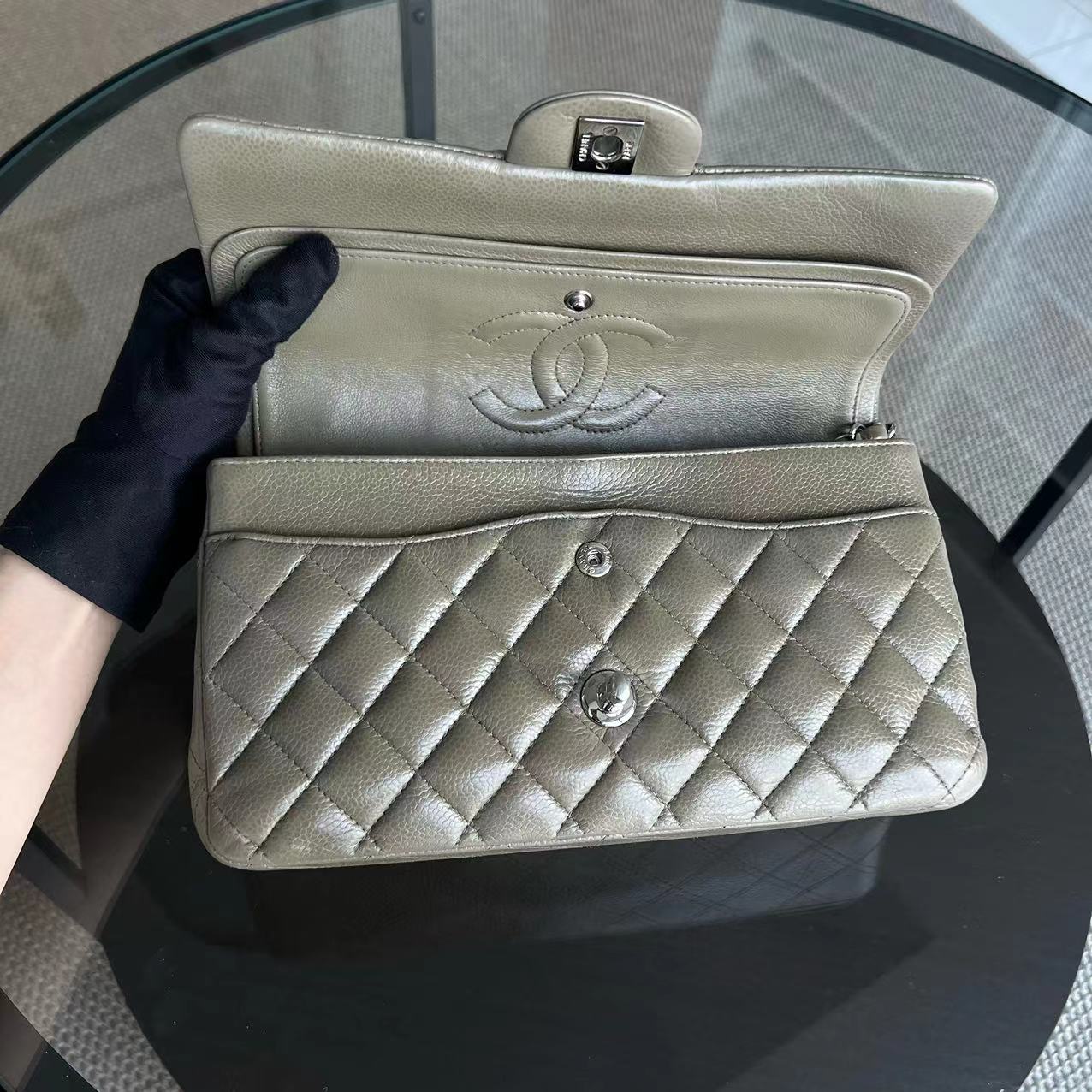 Caviar Double Flap Quilted Calfskin Taupe Green Brown SHW No 17