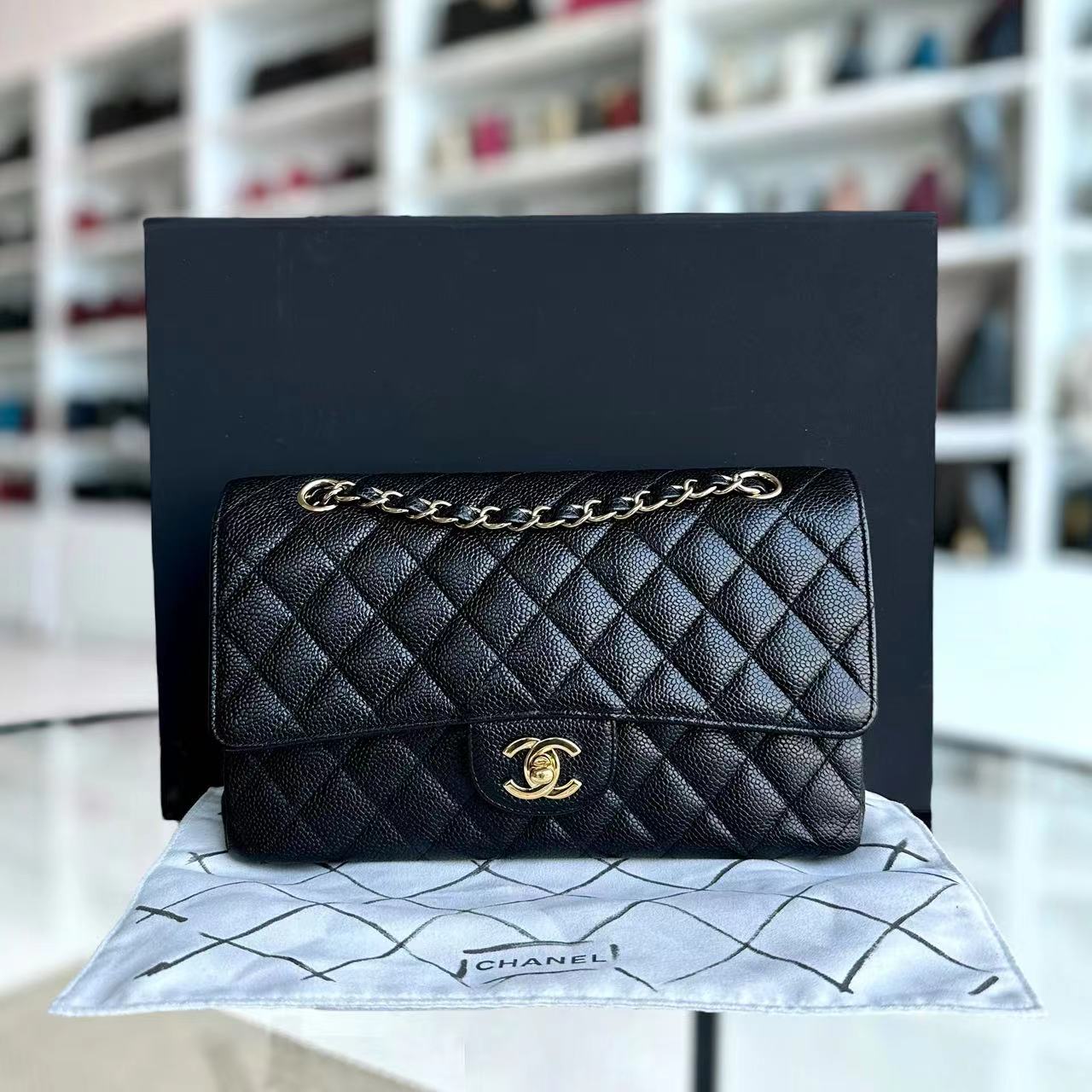 Caviar Double Flap Quilted Grained Calfskin Black Golden Hardware Series 13
