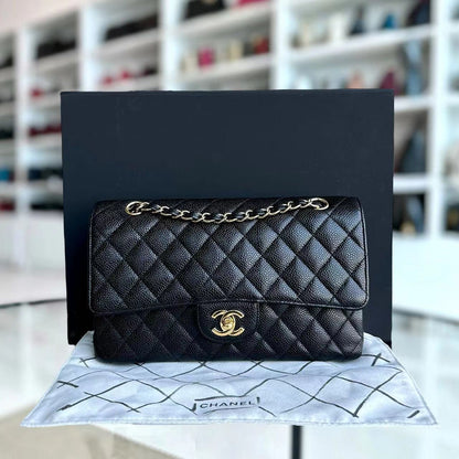 Caviar Double Flap Quilted Grained Calfskin Black Golden Hardware Series 13