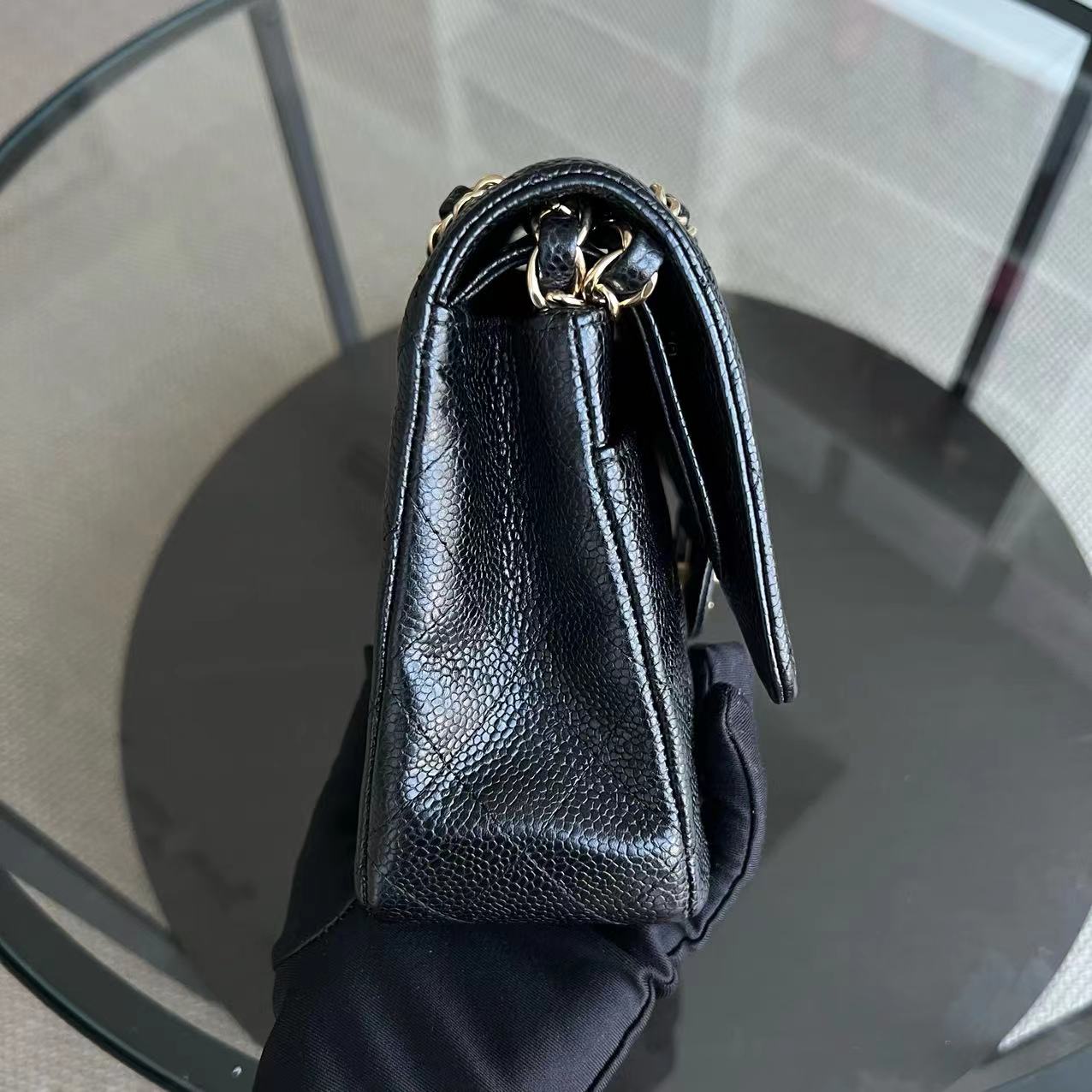 Caviar Double Flap Quilted Grained Calfskin Black Golden Hardware Series 13