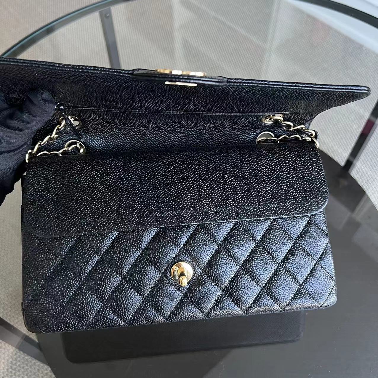 Caviar Double Flap Quilted Grained Calfskin Black Golden Hardware Series 13