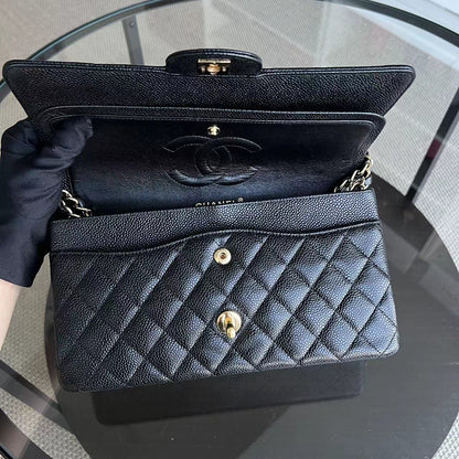 Caviar Double Flap Quilted Grained Calfskin Black Golden Hardware Series 13