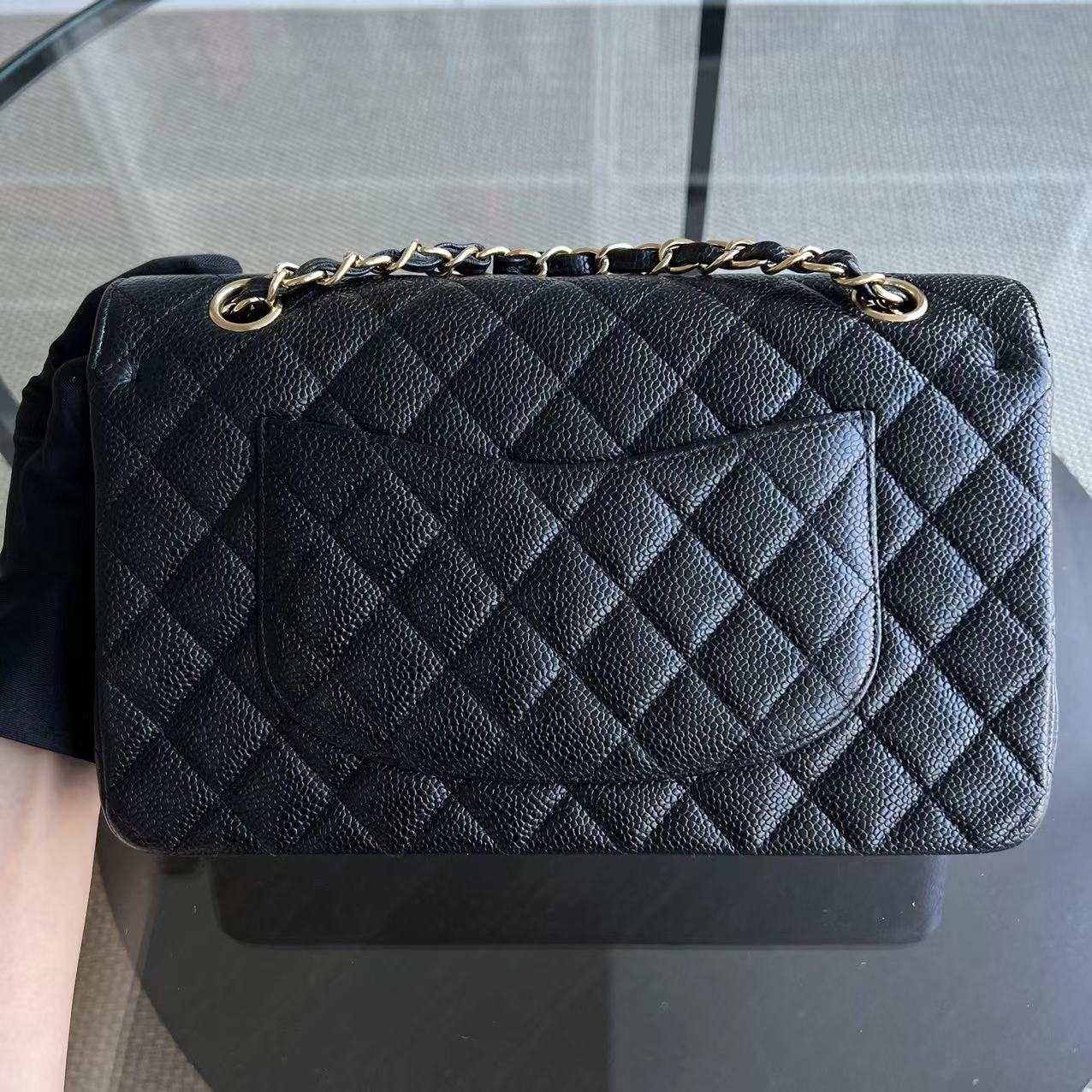 Caviar Double Flap Quilted Grained Calfskin Black Golden Hardware Series 13