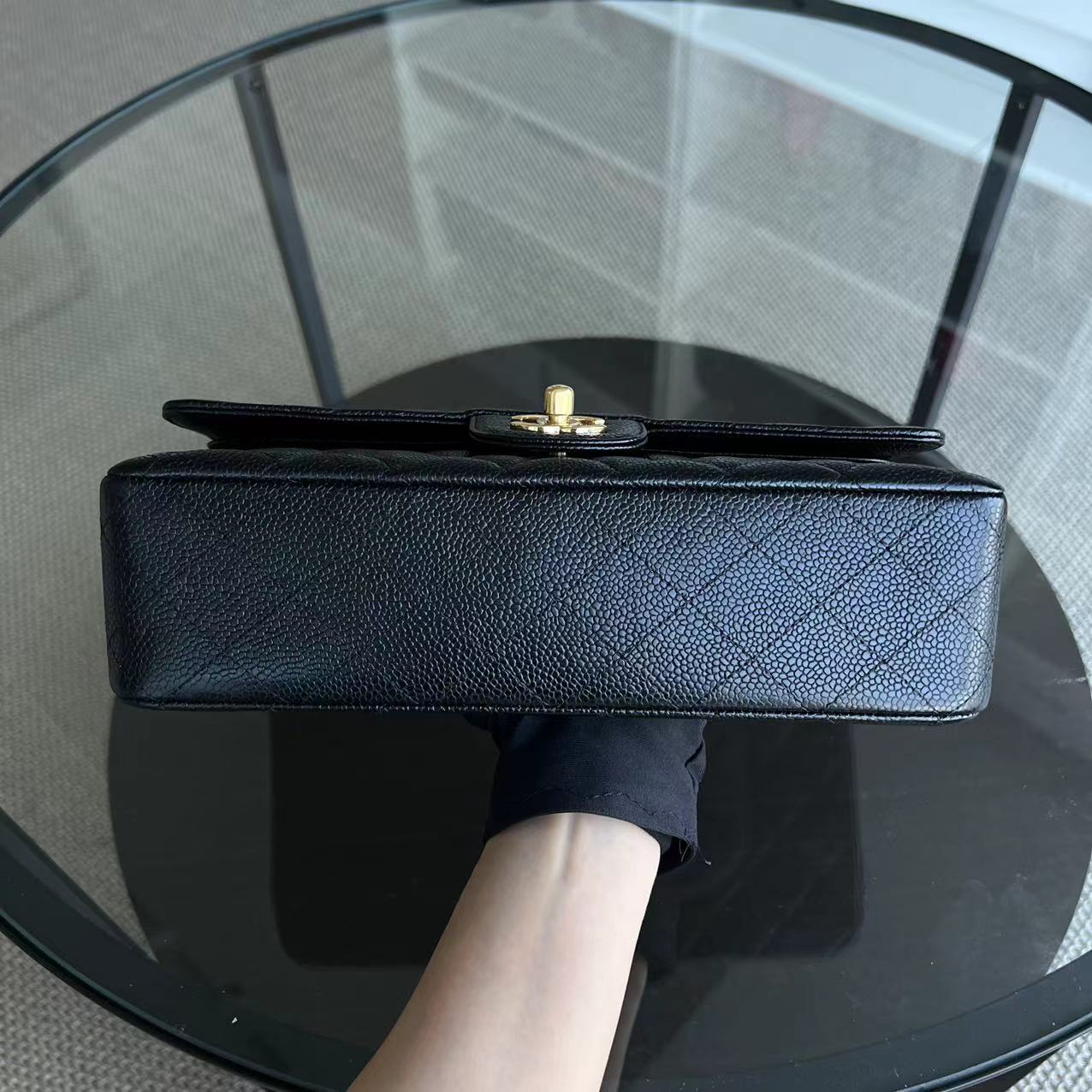 Caviar Double Flap Quilted Grained Calfskin Black Golden Hardware Series 13