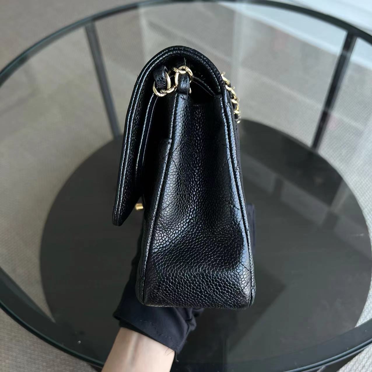 Caviar Double Flap Quilted Grained Calfskin Black Golden Hardware Series 13