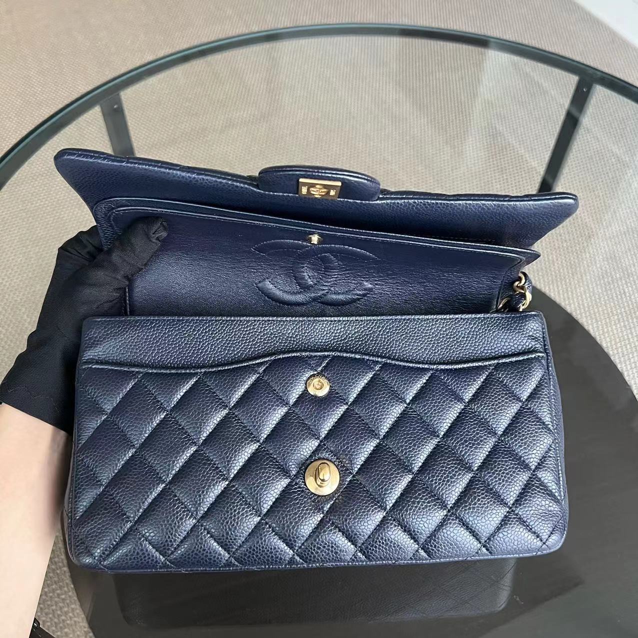 Caviar Double Flap Quilted Grained Calfskin Dark Blue Golden Hardware Series 21