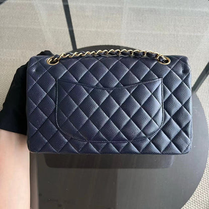 Caviar Double Flap Quilted Grained Calfskin Dark Blue Golden Hardware Series 21