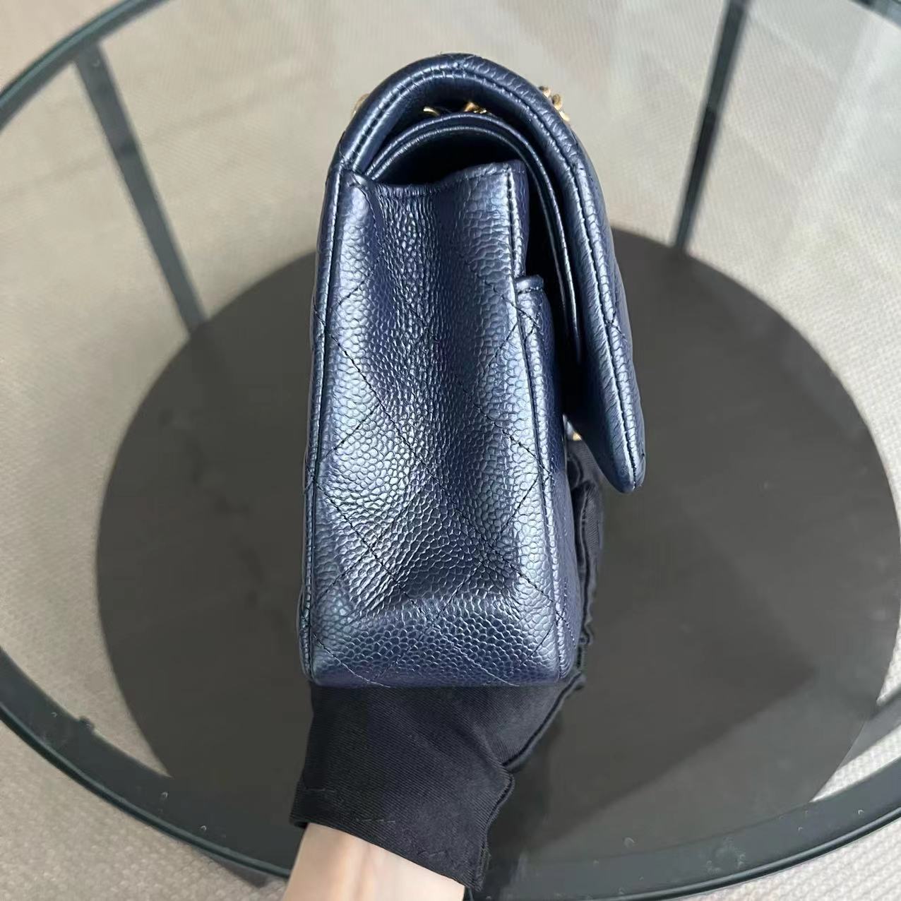 Caviar Double Flap Quilted Grained Calfskin Dark Blue Golden Hardware Series 21