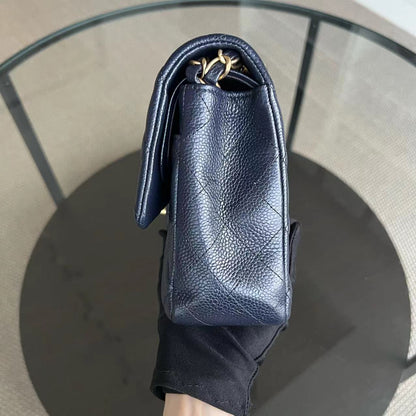 Caviar Double Flap Quilted Grained Calfskin Dark Blue Golden Hardware Series 21