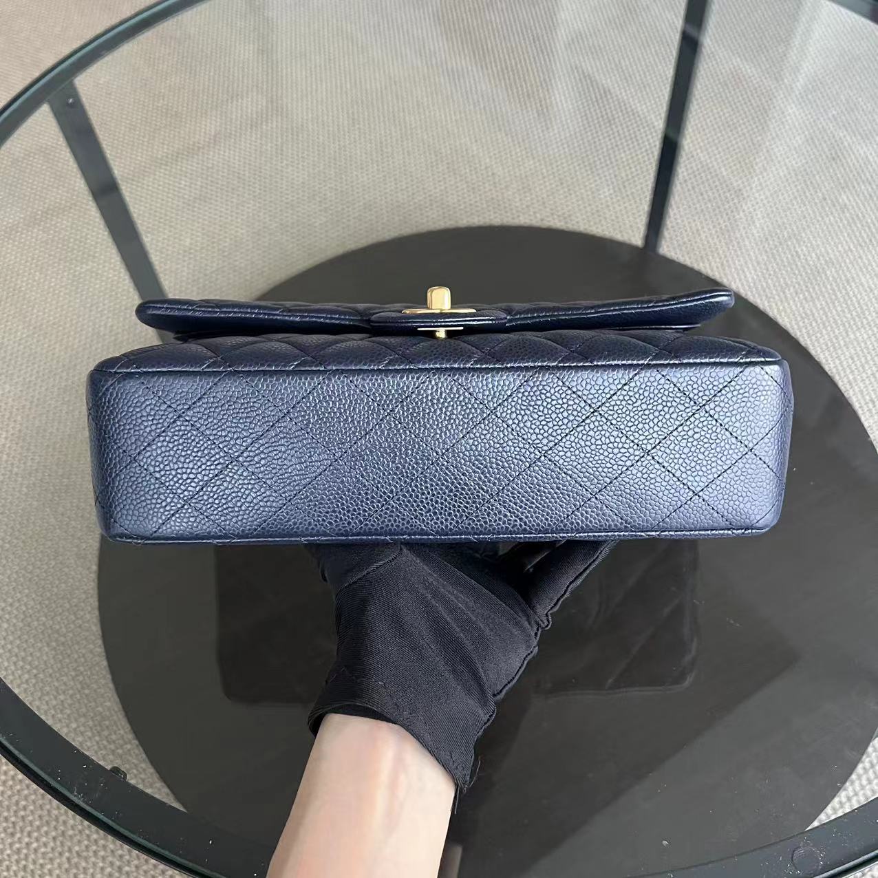 Caviar Double Flap Quilted Grained Calfskin Dark Blue Golden Hardware Series 21