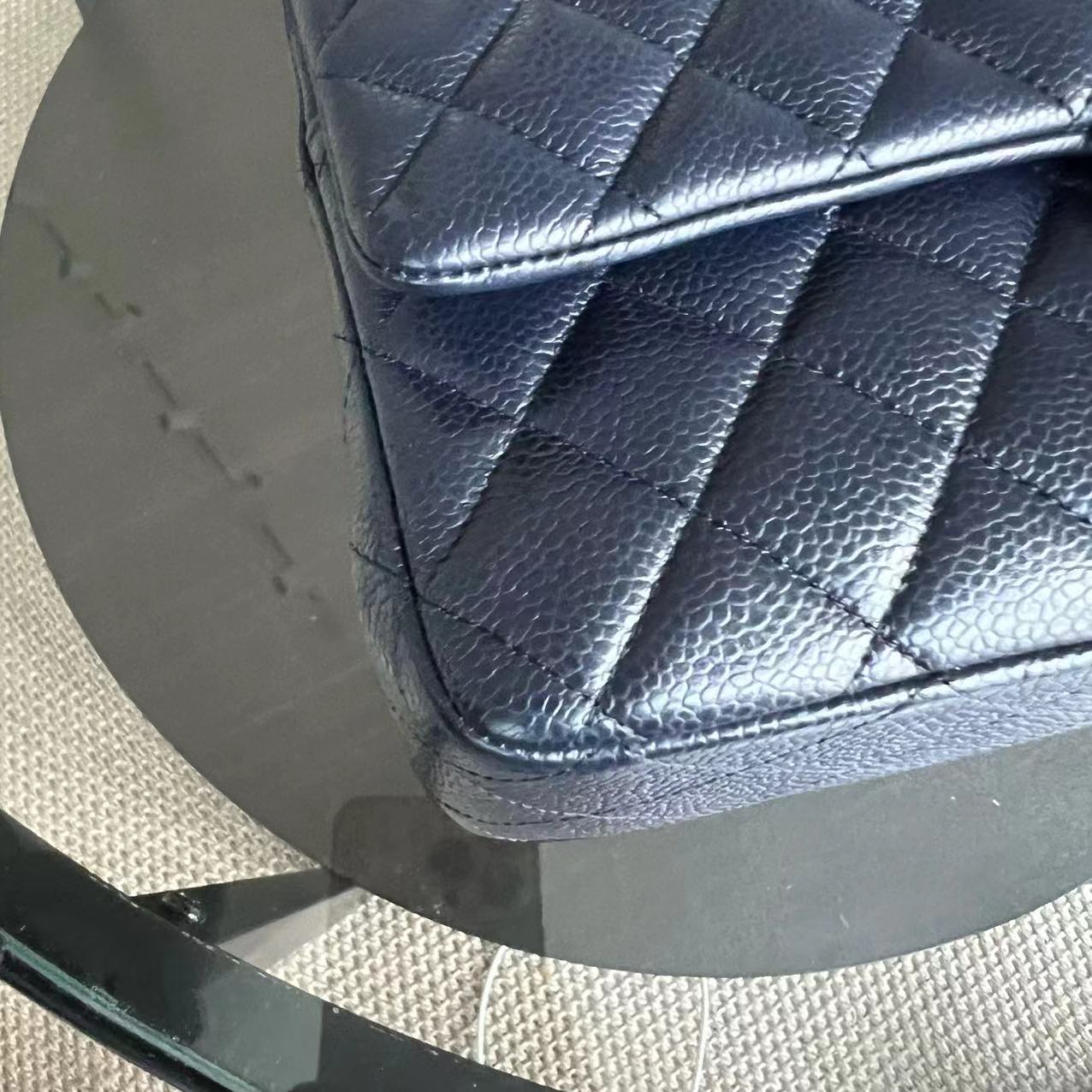 Caviar Double Flap Quilted Grained Calfskin Dark Blue Golden Hardware Series 21
