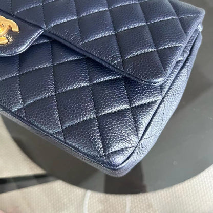 Caviar Double Flap Quilted Grained Calfskin Dark Blue Golden Hardware Series 21