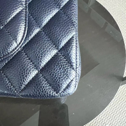 Caviar Double Flap Quilted Grained Calfskin Dark Blue Golden Hardware Series 21