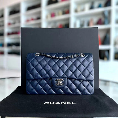 Caviar Quilted Grained Calfskin Dark Blue Silver Hardware Series 15
