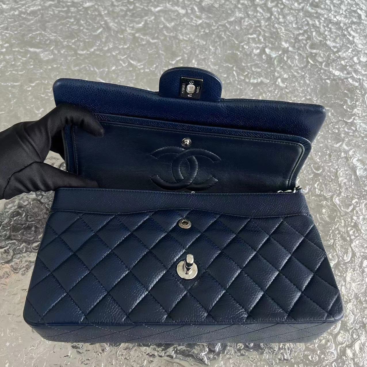 Caviar Quilted Grained Calfskin Dark Blue Silver Hardware Series 15