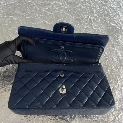 Caviar Quilted Grained Calfskin Dark Blue Silver Hardware Series 15