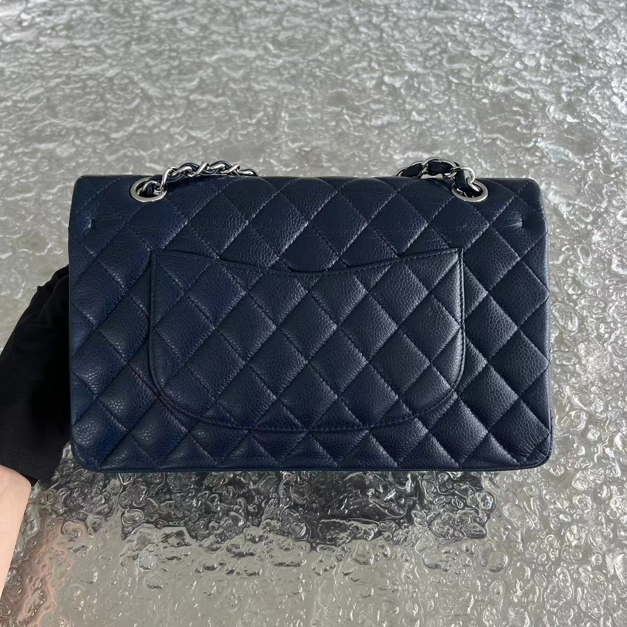 Caviar Quilted Grained Calfskin Dark Blue Silver Hardware Series 15