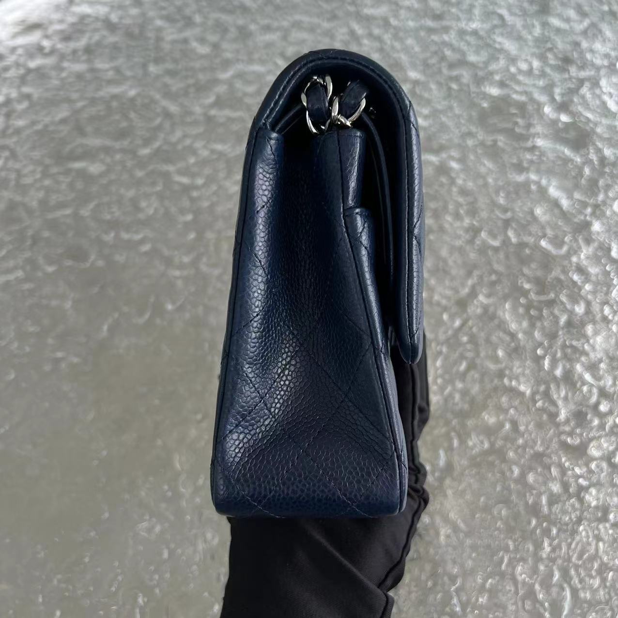 Caviar Quilted Grained Calfskin Dark Blue Silver Hardware Series 15