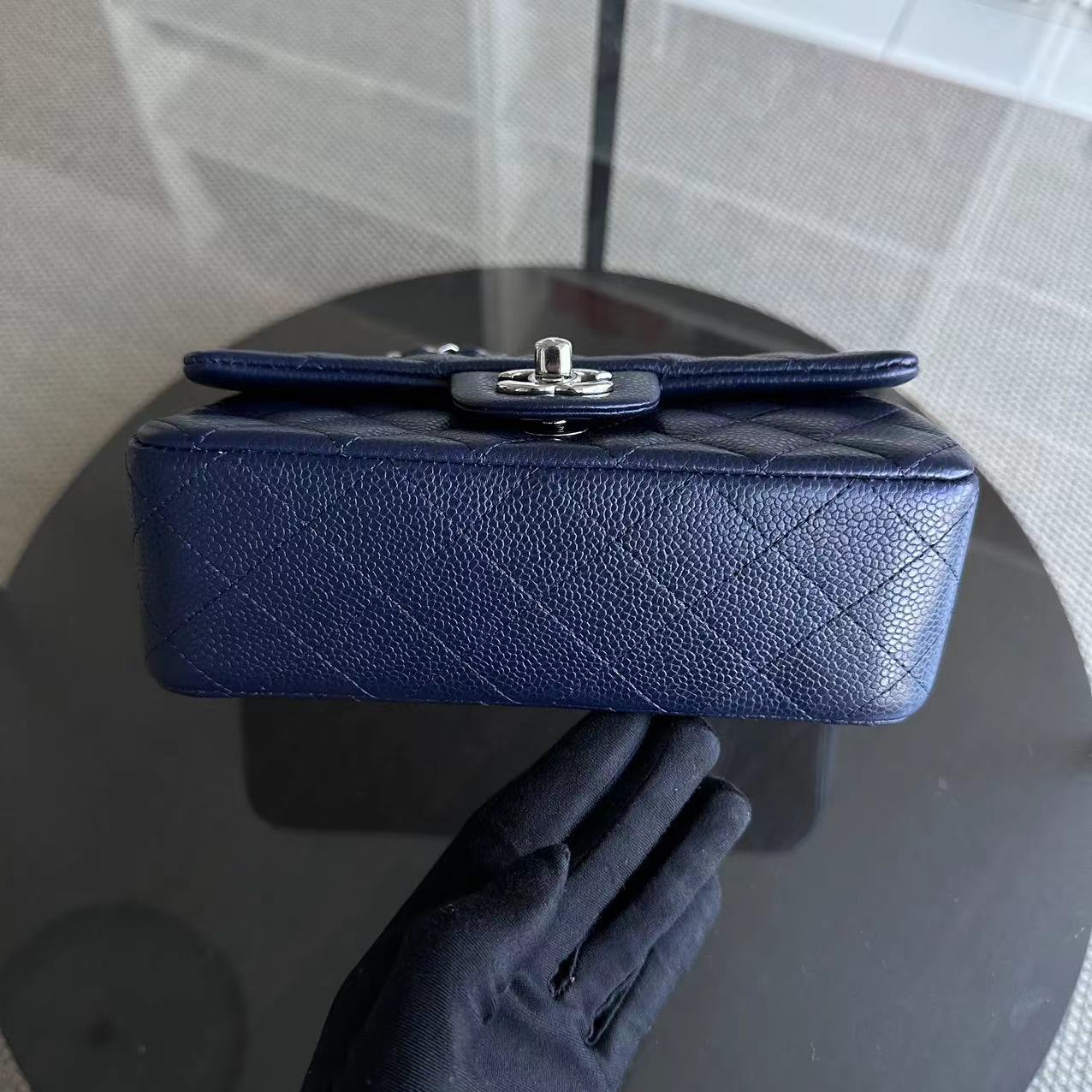 Caviar Mini Rectangular Classic Flap 20CM Quilted Calfskin Dark Blue SHW No 18