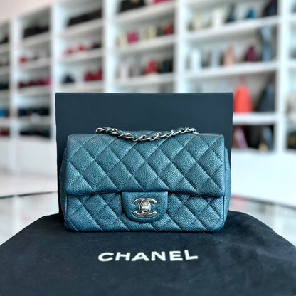 Chanel Classic Flap Mini - 20CM Caviar Rectangular Iridescent Dark Blue Silver Hardware Series 20