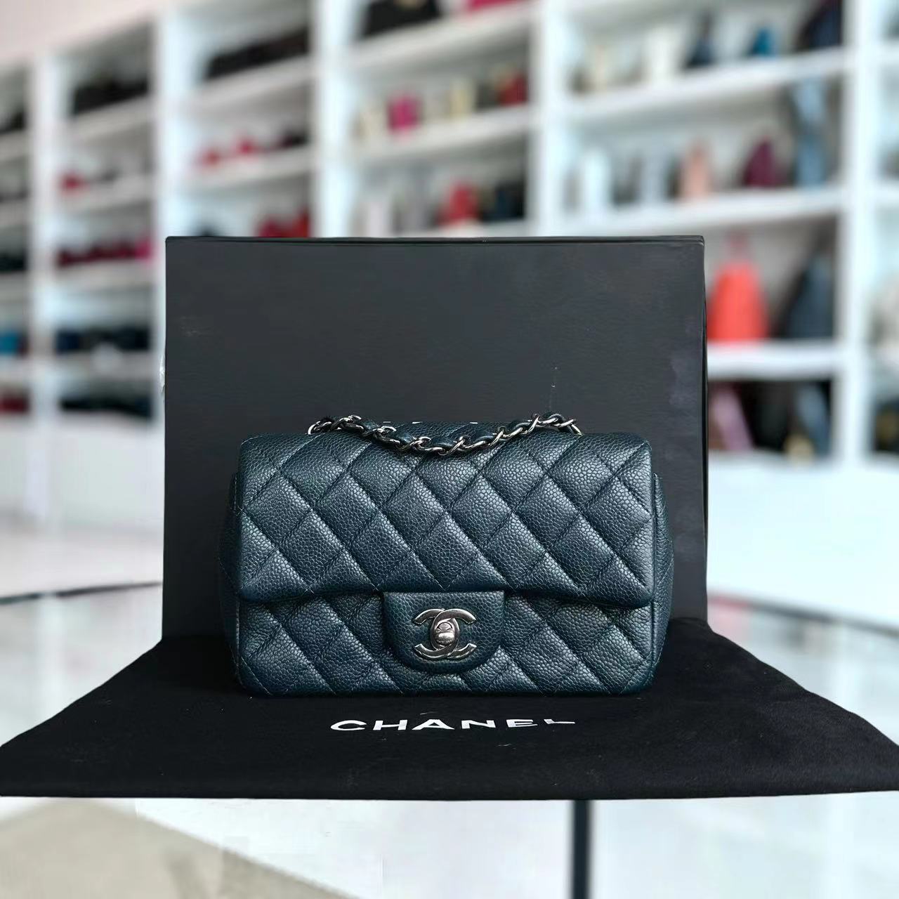 Caviar Mini Rectangular Classic Flap Quilted Calfskin Dark Green Silver Hardware
