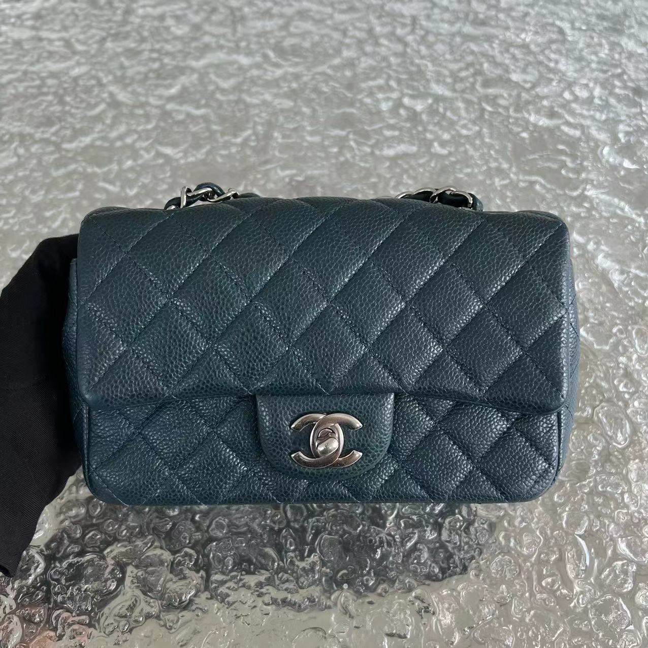 Caviar Mini Rectangular Classic Flap Quilted Calfskin Dark Green Silver Hardware
