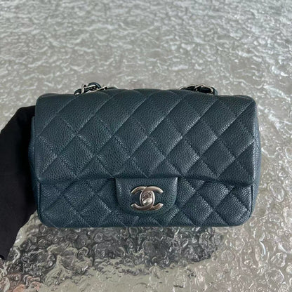 Caviar Mini Rectangular Classic Flap Quilted Calfskin Dark Green Silver Hardware