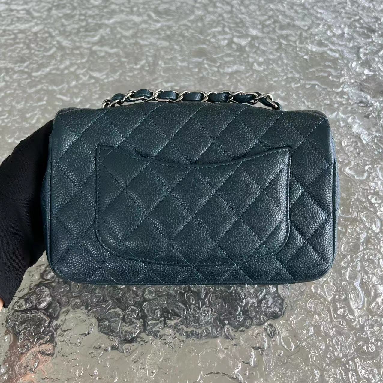 Caviar Mini Rectangular Classic Flap Quilted Calfskin Dark Green Silver Hardware