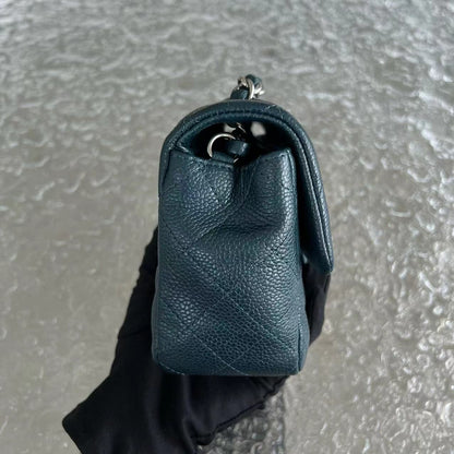 Caviar Mini Rectangular Classic Flap Quilted Calfskin Dark Green Silver Hardware