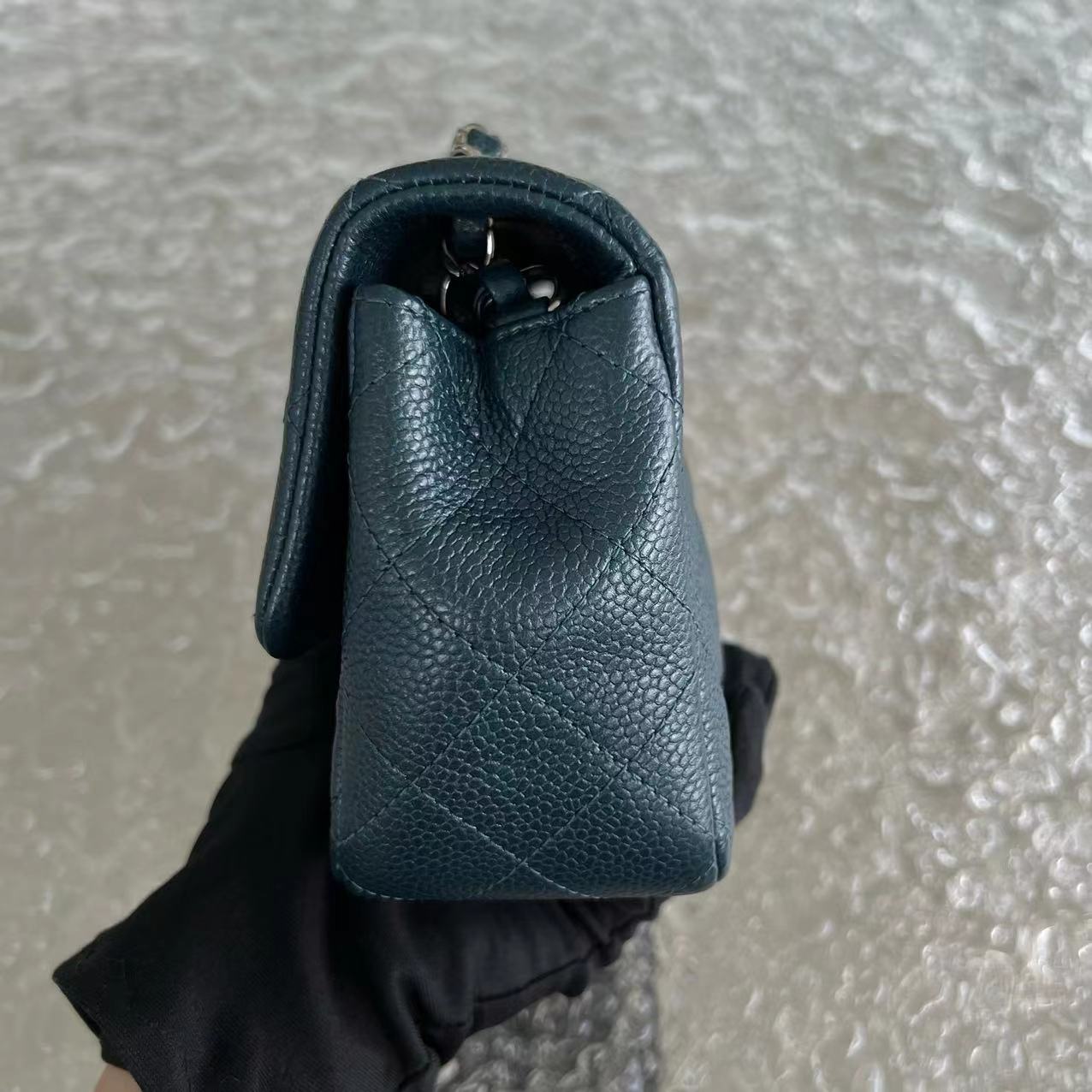 Caviar Mini Rectangular Classic Flap Quilted Calfskin Dark Green Silver Hardware