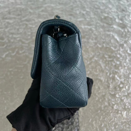 Caviar Mini Rectangular Classic Flap Quilted Calfskin Dark Green Silver Hardware