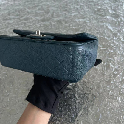 Caviar Mini Rectangular Classic Flap Quilted Calfskin Dark Green Silver Hardware