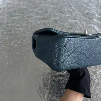Caviar Mini Rectangular Classic Flap Quilted Calfskin Dark Green Silver Hardware