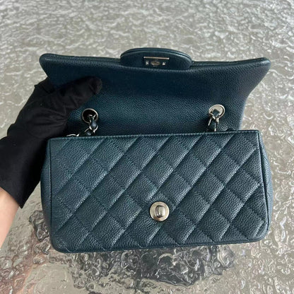 Caviar Mini Rectangular Classic Flap Quilted Calfskin Dark Green Silver Hardware