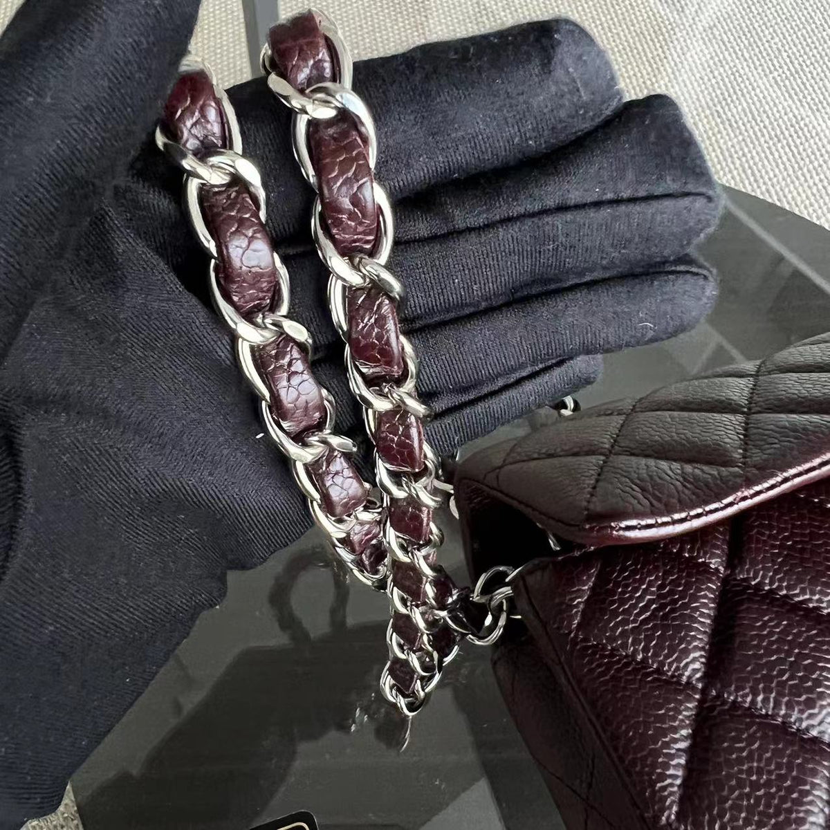 Caviar Mini Rectangular Classic Flap Quilted Grained Calfskin Burgundy Silver Hardware Series 20
