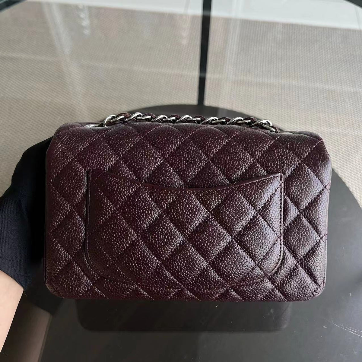 Caviar Mini Rectangular Classic Flap Quilted Grained Calfskin Burgundy Silver Hardware Series 20