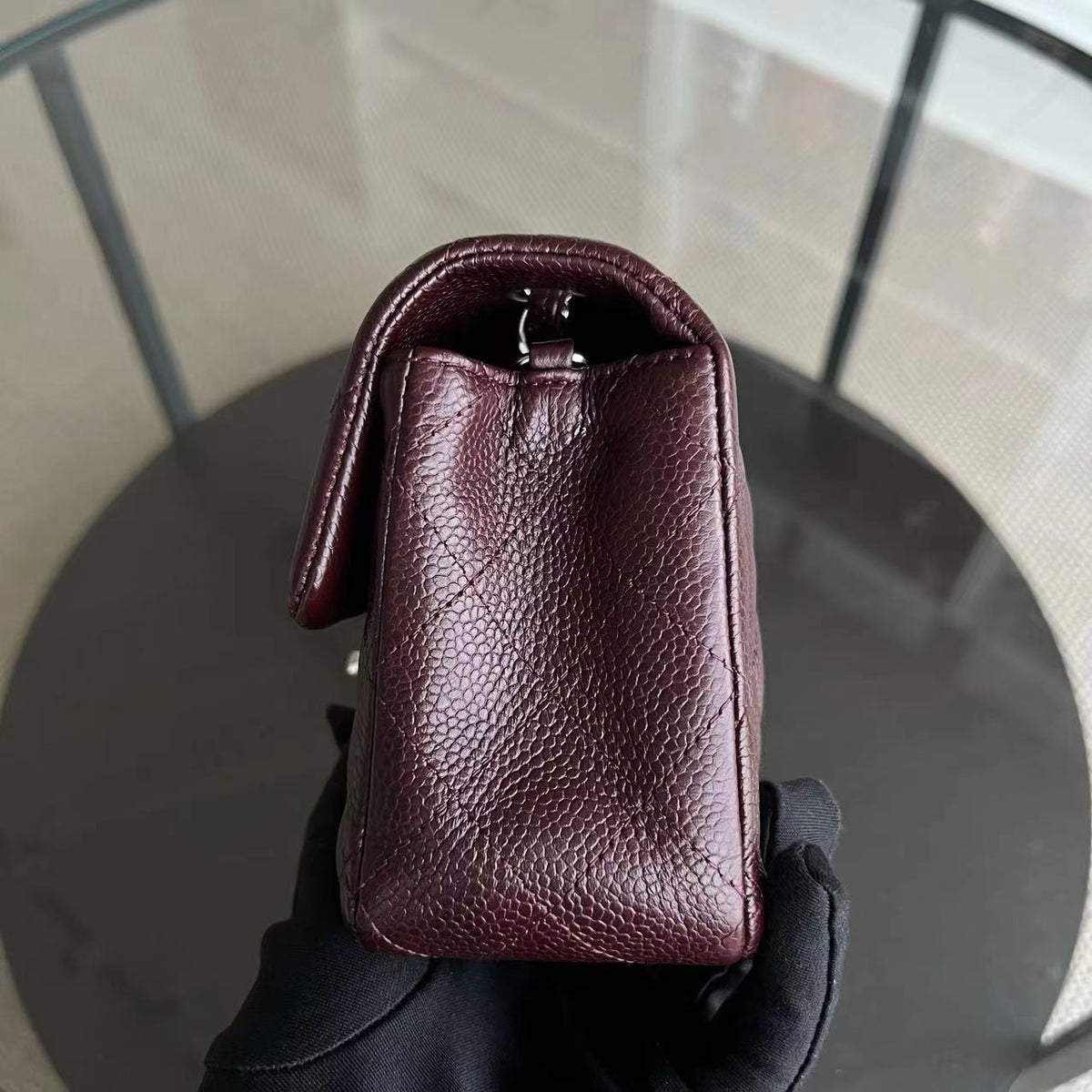 Caviar Mini Rectangular Classic Flap Quilted Grained Calfskin Burgundy Silver Hardware Series 20