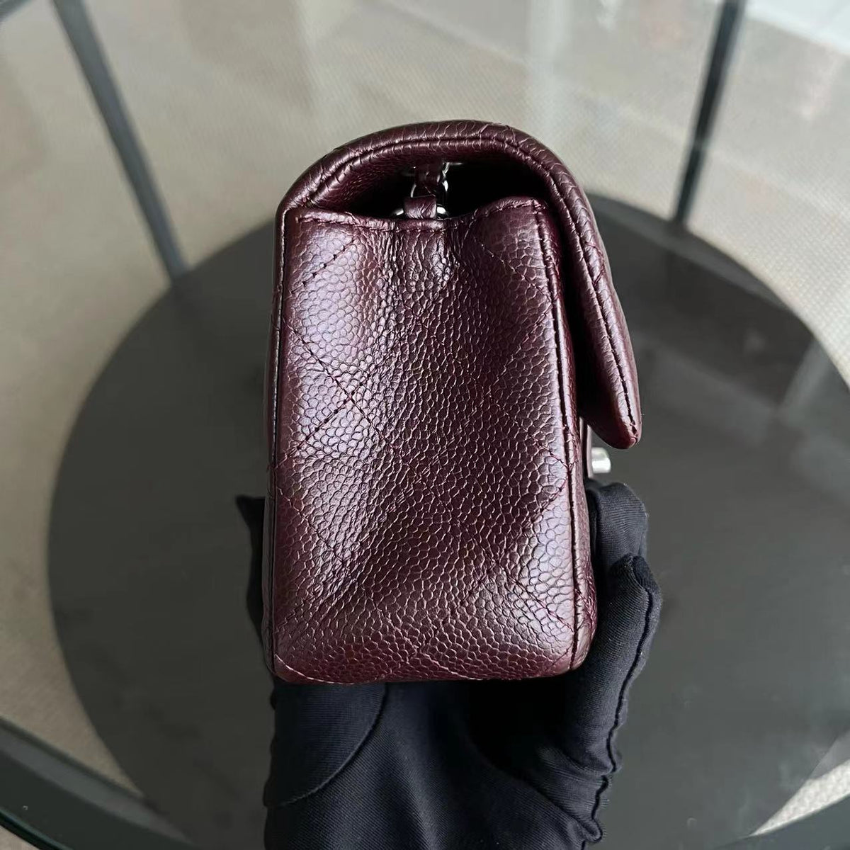Caviar Mini Rectangular Classic Flap Quilted Grained Calfskin Burgundy Silver Hardware Series 20