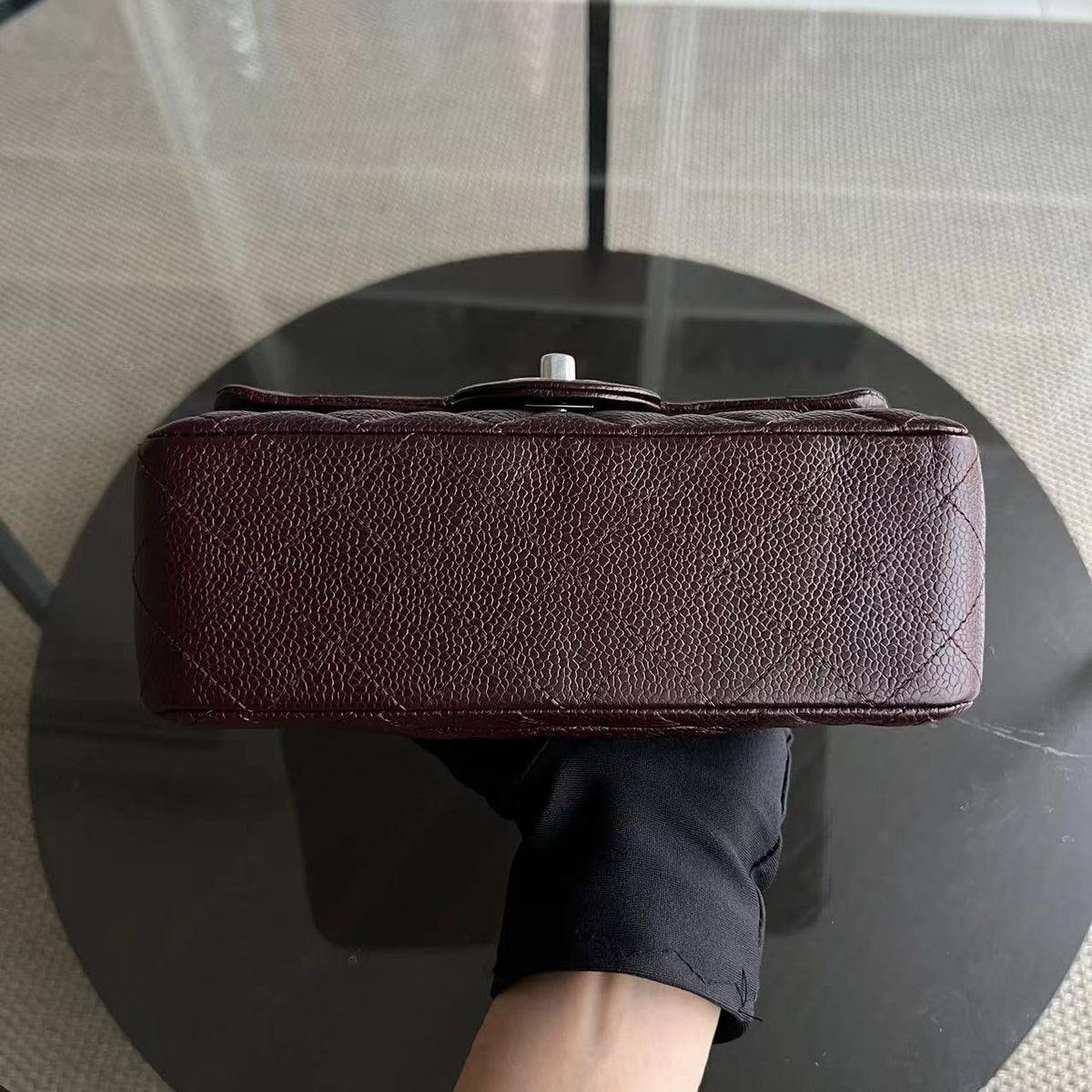 Caviar Mini Rectangular Classic Flap Quilted Grained Calfskin Burgundy Silver Hardware Series 20