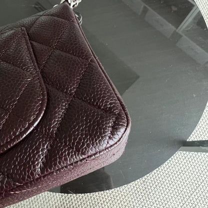 Caviar Mini Rectangular Classic Flap Quilted Grained Calfskin Burgundy Silver Hardware Series 20